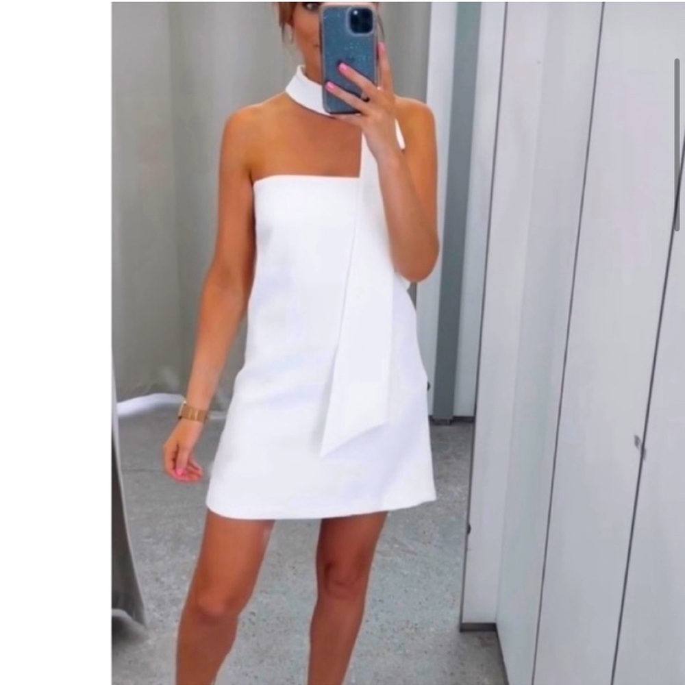 Zara Tie Neck White Mini Dress